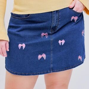 Cider Blue Denim Skirt with Pink Bow Details